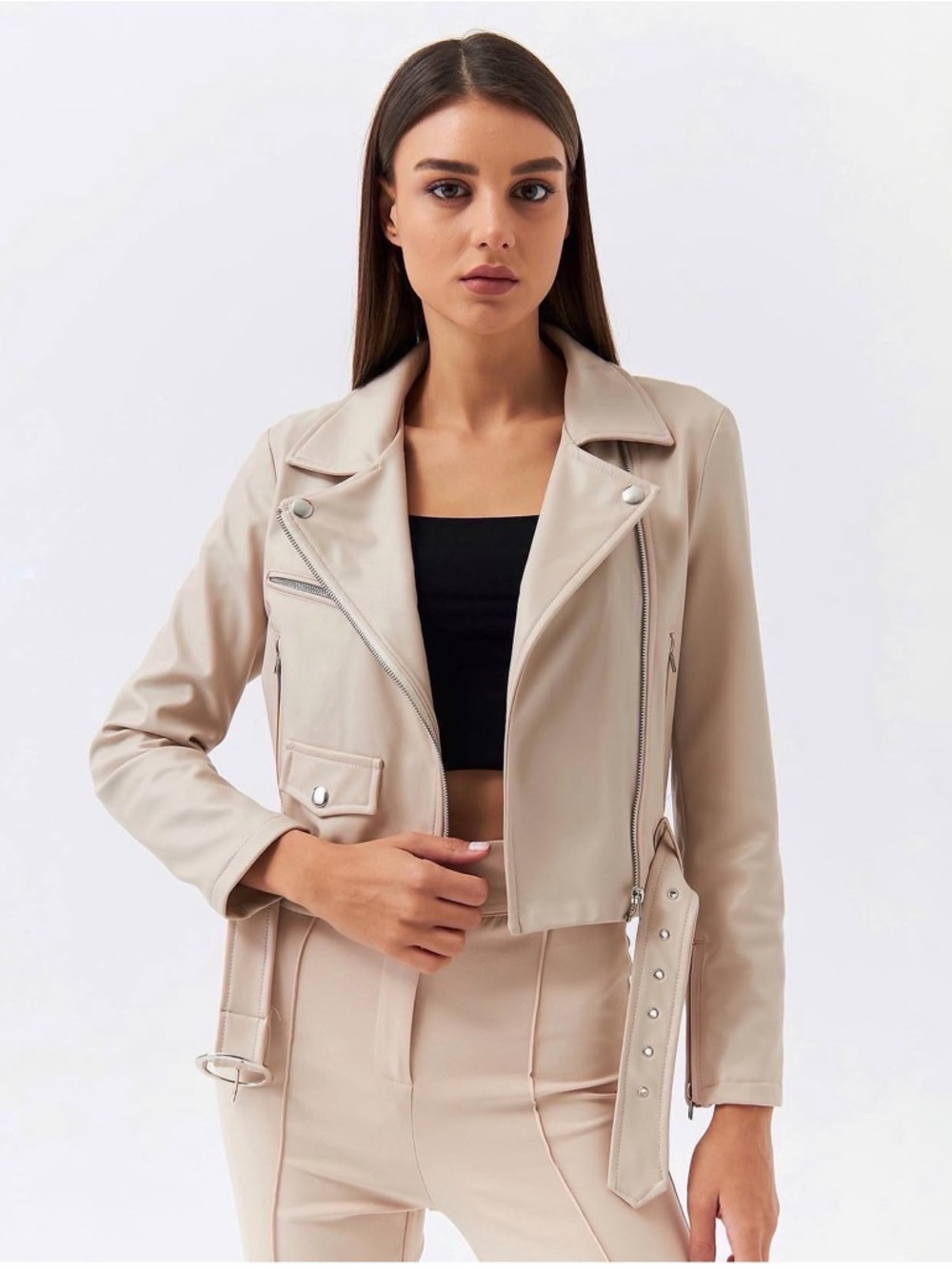 Women's Beige Faux Leather Moto Jacket with Belted Waist